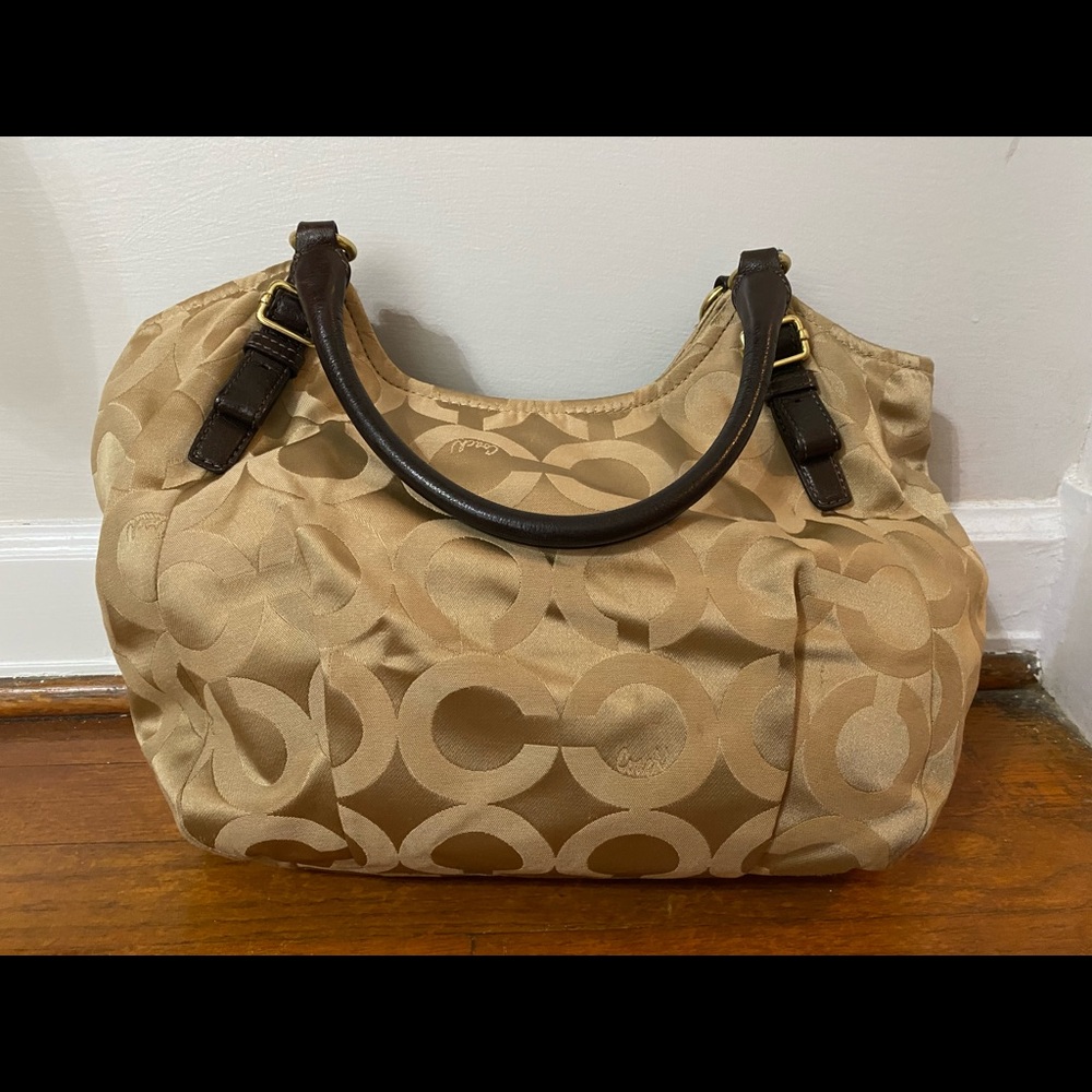 Tan Coach “C” pattern Purse - Picture 2 of 12
